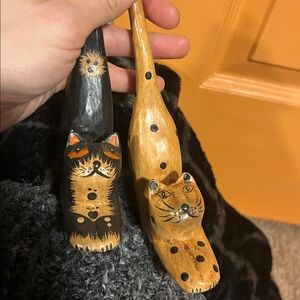 Handmade Wooden Cat Figurine with Dots Set of 2 Indonesia
